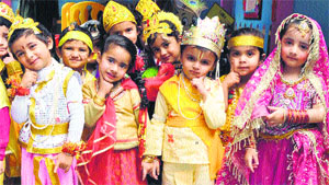 Children dressed as Lord Krishna and Radha during celebrations of Janmashtami at Euro Kids School in Shimla.