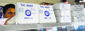Packets of janta khana displayed at railway refreshment room at the Ludhiana railway station.