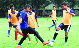 Players in action during the Inter-School Boys Football Tournament in Dehradun on Monday. 