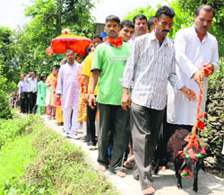 The four-horned ram leads Nanda Devi Raj Jaat Yatra from Nauti village in Chamoli district on Monday