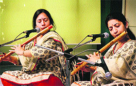 Flute sisters Suchismita and Debopriya perform at a concert in Amritsar on Tuesday.