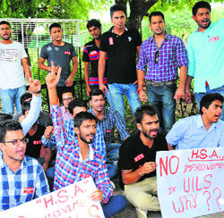 Haryana Students Association members raise slogans outside the PU VC's office on Tuesday.