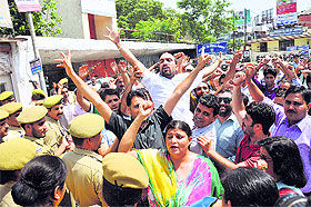 Members of the ReT Teachers Forum protest in Jammu on Tuesday.