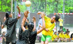 A handball match in progress between the Ludhiana zone and Jagraon zone in the Under-17 category in Ludhiana on Tuesday. Tribune Photo: Himanshu Mahajan
