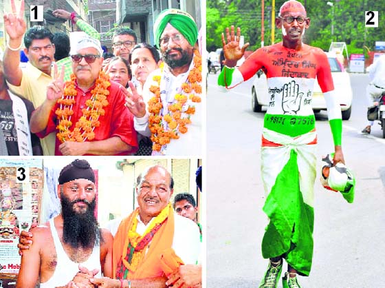 (1) AAP candidate Harjit Singh Adaltiwala and Patiala MP Dharamvira Gandhi campaign in Patiala on Tuesday; (2) A Congress supporter out in the streets in Patiala; and (3)SAD-BJP candidate Bhagwan Das Juneja with a resident.