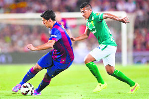 Luis Suarez played his first match  a friendly  for Barcelona against Mexican side Leon at the Camp Nou in Barcelona on Monday