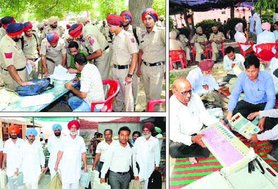 Call of duty: On the eve of the bypolls, a hectic activity was witnessed at the election office. (Clockwise from above) Policemen enquire about their polling duty at a counter; the polling staff examine EVMs before leaving for their booths; and employees march towards their destination with polling material in Talwandi Sabo on Wednesday
