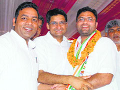 Rohtak MP Deepender Hooda (centre), state Congress chief Ashok Tanwar (right) and Shahabad MLA Anil Dhantori in Kurukshetra on Wednesday.