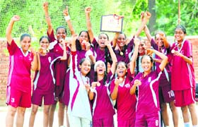 Winners of the handball Under-17 category in a jubilant mood at Guru Nanak Stadium in Ludhiana on Wednesday