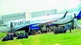 The IndiGo flight that suffered a fire scare while landing at the Indira Gandhi International Airport in New Delhi on Wednesday.