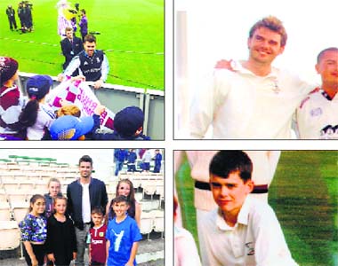 James Anderson (clockwise) interacts with his fans, pictures of the bowler from his younger days; standing for a click with his young fans