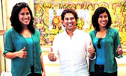 Mountaineers Tashi and Nungshi with Sachin Tendulkar in Mumbai