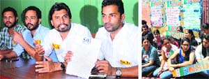 SOI leaders address mediapersons; and (right) members of the NSUI hold a protest at Panjab University on Thursday. Tribune Photos: Pradeep Tewari & Manoj Mahajan