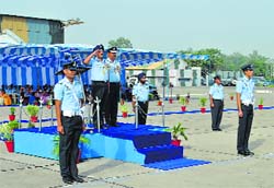 Air Commodore Tejinder Singh takes the salute before taking over command of the Air Force Station, Ambala, on Thursday. Tribune Photo