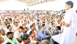 Rohtak MP Deepender Singh Hooda addresses Congress workers in Gannaur on Thursday. tribune Photo