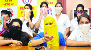 Students of Bhai Mati Das College of Nursing, Goraya, address the  media in Jalandhar on Thursday.