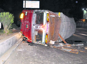 A truck that overturned on the Gill road in Ludhiana on Wednesday night.