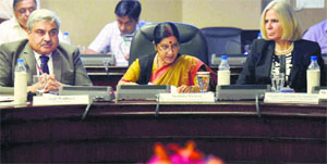 External Affairs Minister Sushma Swaraj speaks at the first India-League of Arab States Media Symposium in New Delhi on Thursday
