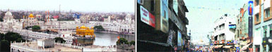 A birds eye-view of the Golden Temple, which is surrounded by various commercial units; and (right) illegal hotels around Golden Temple in Amritsar.