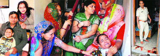 A file photo of the deceased  Vinod Mittal, his wife Neelam and their younger son Rohit. (centre) Kin of the deceased mourn the deaths in Sector 9, Panchkula, on Friday. (right) Blood stains at the crime spot. 