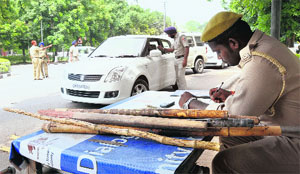 Panjab University security staff and police personnel check vehicles and seize lathis at Gate No. 1 on Friday.