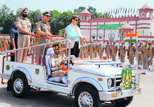 Union Minister of State for Home Affairs Kiren Rijiju inspects the passing out parade at the ITBP Basic Training Centre in Panchkula on Friday.