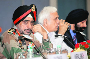 Lt Gen KJ Singh, GoC-in-C, Western Command, Chandimandir, addresses a gathering at the CII Headquarters