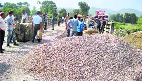 A view of the damaged approach road to Dador bridge, near Sundernagar, on NH 21 on Friday.