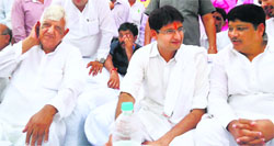 Rohtak MP Deepender Hooda (centre) during a meeting in Dadri town of Bhiwani on Friday