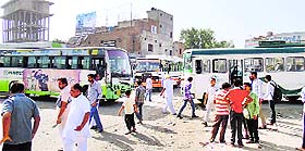 Roadways buses parked at the entry point of the Abohar bus stand on Friday.