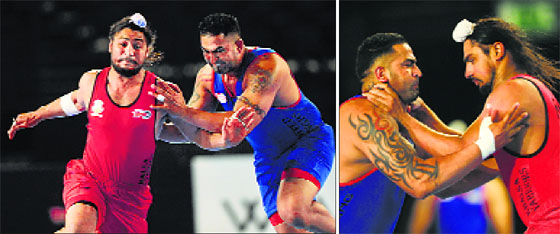 Intense action during the World Kabaddi League at the LG Arena in Birmingham.