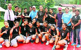 Players of Welham Girls School celebrate after winning the District Youth Under 16 Basketball Championship at Aryan School in Dehradun on Friday.