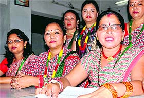 Members of Gorkhali Teej Commitee address mediapersons in Dehradun on Friday. 
