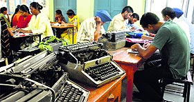 Students of stenography at the district office of the Language Department in Ludhiana.