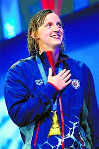 Katie Ledecky of USA during the victory ceremony for the 400m freestyle in Gold Coast on Saturday.