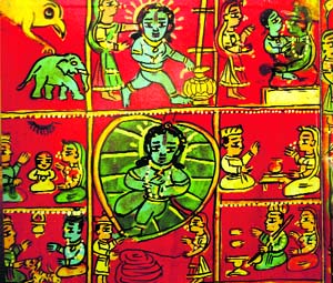 Detail of one of the painted panels inside the kaavad; different episodes can be seen including that of Vishnu vatapatra-shayi, lying on a floating leaf