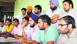 Leaders of student parties address mediapersons at a press conference at the Student Centre, Panjab University, on Sunday. Tribune Photo: Pradeep Tewari