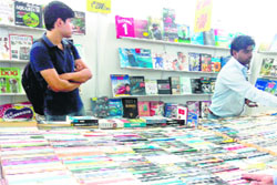 Books on display at the fair organised by the National Book Trust in Srinagar on Sunday. A Tribune photo