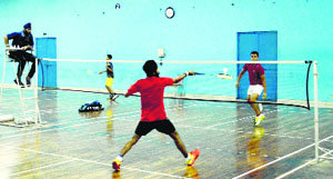 Players in action during the Open Ludhiana District Badminton Championship in Ludhiana
