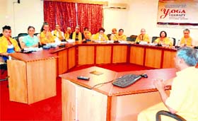 Italian delegates at a yoga and ayurveda class being taken by yoga guru of Dev Sanskrti University in Haridwar on Saturday