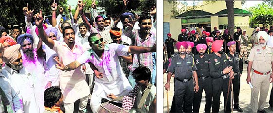 Supporters of SAD (B) candidate Jeet Mohinder Singh Sidhu celebrate his victory in the Talwandi Sabo assembly bypoll on Monday; (right) heavy police force was deployed outside the counting centre in Talwandi Sabo.