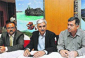 (From left) Vijaye Haulder, deputy director, Vivek Anand, country manager, Mauritius Tourism Promotion Authority, and Vineet Gupte, South Asia head, Air Mauritius, launch a promotional programme in Chandigarh on Monday.