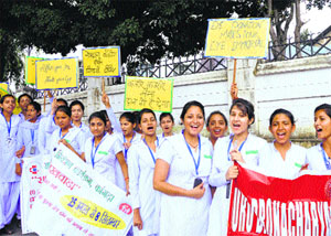 Trainee nurses of the Zonal Hospital take out an awareness rally on eye donation at Dharamsala on Monday.