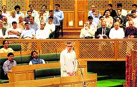 Chief Minister Omar Abdullah addresses the Assembly in Srinagar on Monday.
