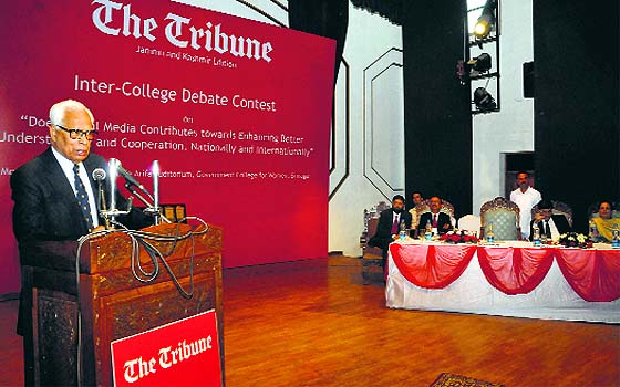 Governor NN Vohra delivers a speech during The Tribune Inter-College Debate Contest in Srinagar on Monday.