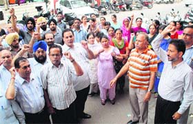 Members of the All India Bank Employees Association stage a demonstration in Bathinda on Tuesday