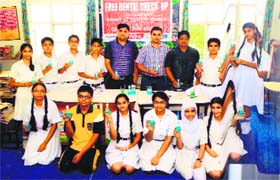 Students participate in the week-long dental check-up camp at Delhi Public School in Jammu on Monday
