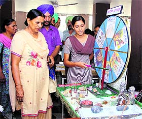 DEO (Secondary Education) Dr Amarjit Kaur Kotfatta examines the working of a model showcased at the district-level Social Science Model Exhibition in Bathinda on Wednesday.