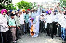 Guru Nanak Dev Thermal Power Plant employees burn effigy of the Punjab Government on Wednesday.