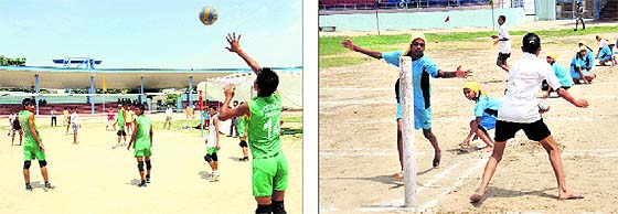  a kho-kho match in progress; and a player smashes a ball during a volleyball match in the District Rural Sports U-16 Tournament in Bathinda on Wednesday.